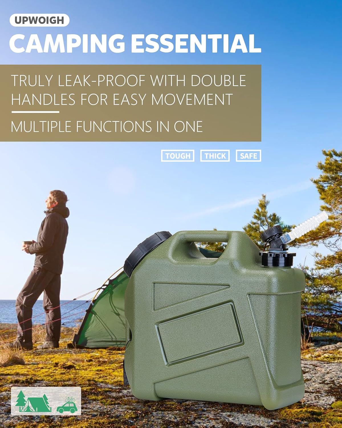 UPWOIGH Camping Water Container, 2.6 Gallon Small(13.1x12x5.3in) Water Containers Jug, Truly No Leakage Water Storage, Green Water Tank,BPA Free Portable Emergency Water Can for Camping, Hiking