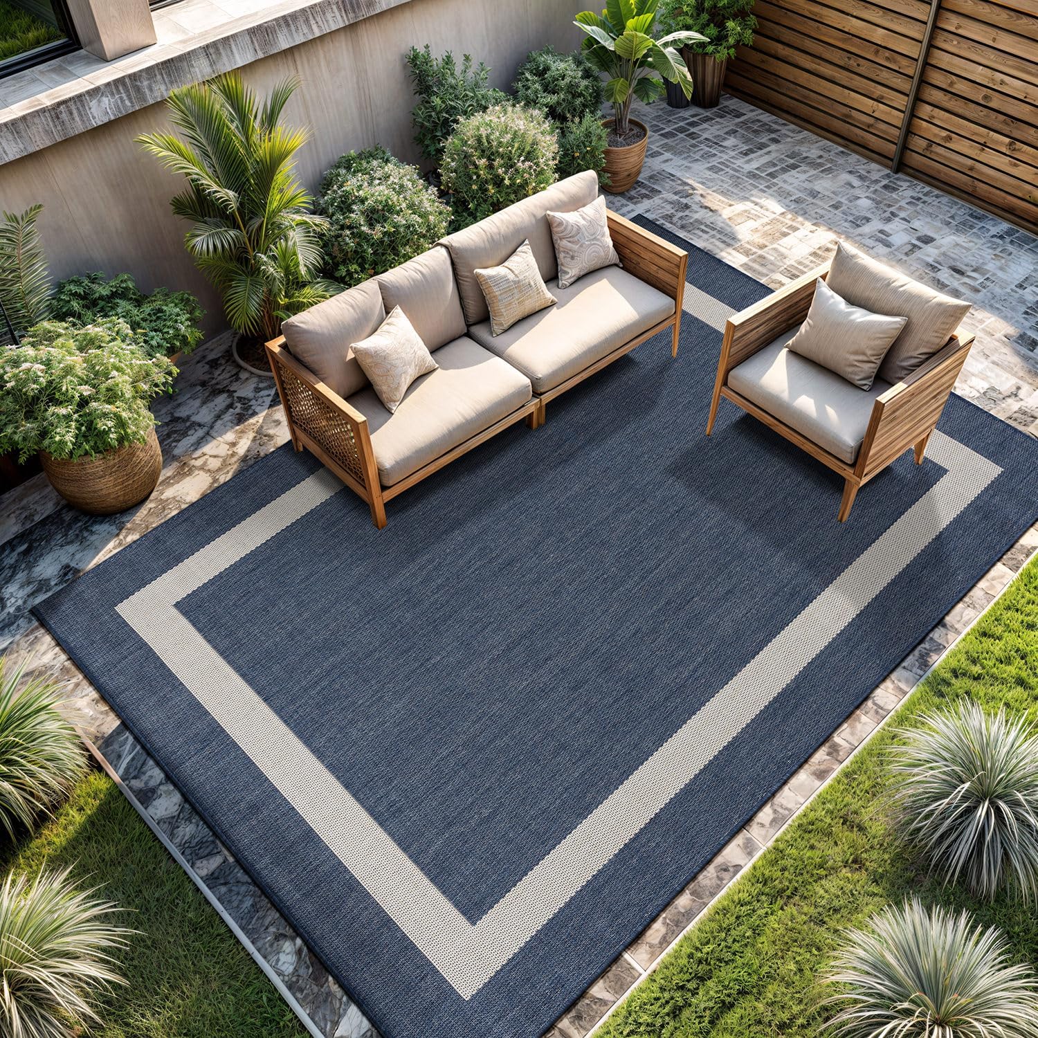 CAMILSON Outdoor Rug 9x12, Large Modern Outside Rugs for Patios Porches Waterproof Durable Washable Non-Shedding, Easy-to-Clean Indoor Outdoor Area Carpet (9 x 12, Bordered - Blue/White)