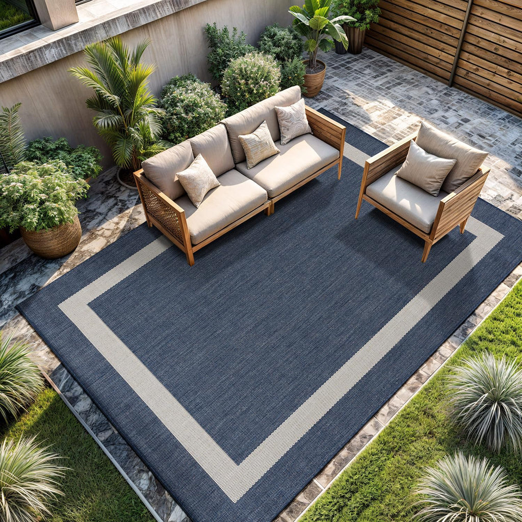 CAMILSON Outdoor Rug 8x10, Modern Outside Rugs for Patios Porches Waterproof Durable Washable Non-Shedding, Easy-to-Clean Indoor Outdoor Area Carpet (8 x 10, Bordered - Blue/White)