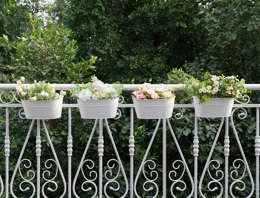 Dahey Metal Iron Hanging Flower Pots for Railing Fence Hanging Bucket Pots Countryside Style Outdoor Planter Window Flower Plant Holder with Detachable Hooks Home Decor,White,4 Pcs