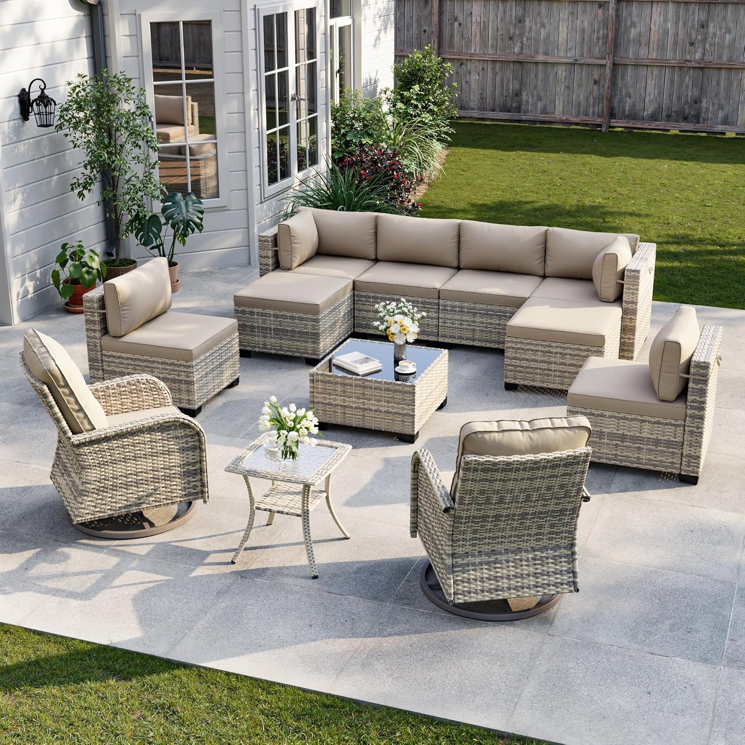 12-Piece Patio Furniture Set, Outdoor Patio Furniture with Swivel Chairs Set, Ottomans, Modular Patio Sofa, Dual-Strand Wicker Rattan, Rust-Resistant Frame, Khaki