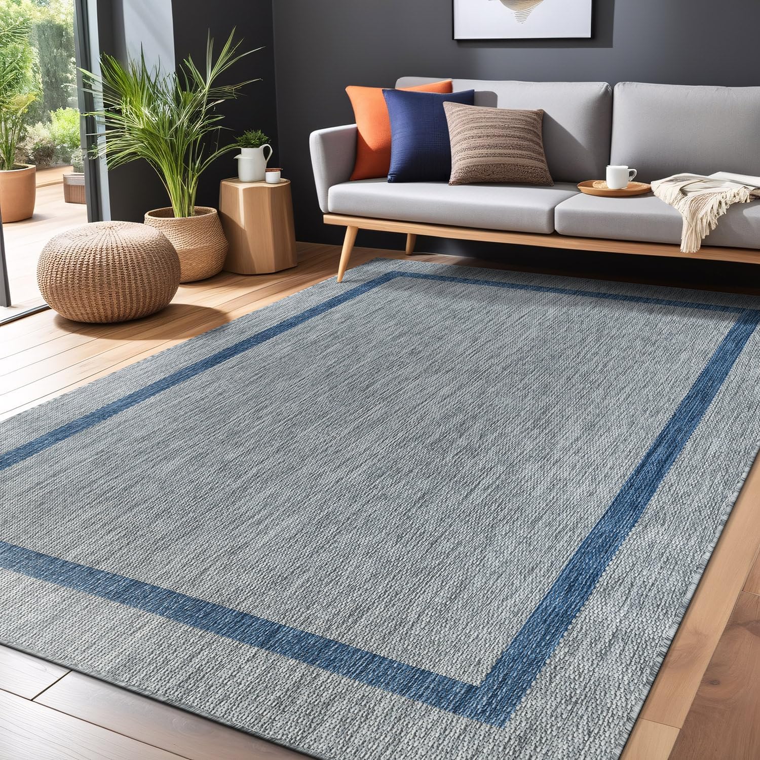 Bordered Outdoor Rug 10x14 Washable Outside Carpet for Indoor Patio Porch Waterproof Easy Cleaning Non Shedding Area Rugs Silver Gray - Blue 10 x 14