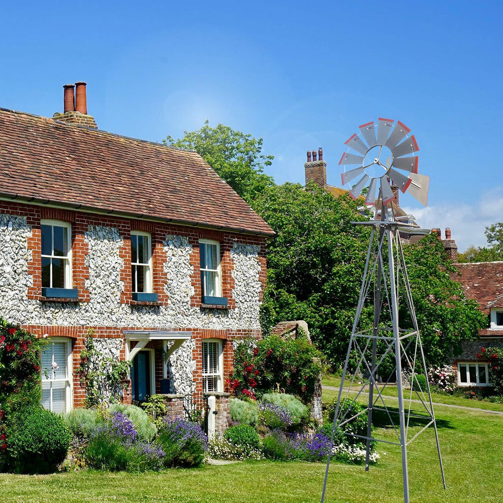 8ft Garden Windmill, Heavy Duty Durable Metal Weather Vane for Backyard, Ornamental Windmill for Yard Weather Resistant (Gray, 8FT)