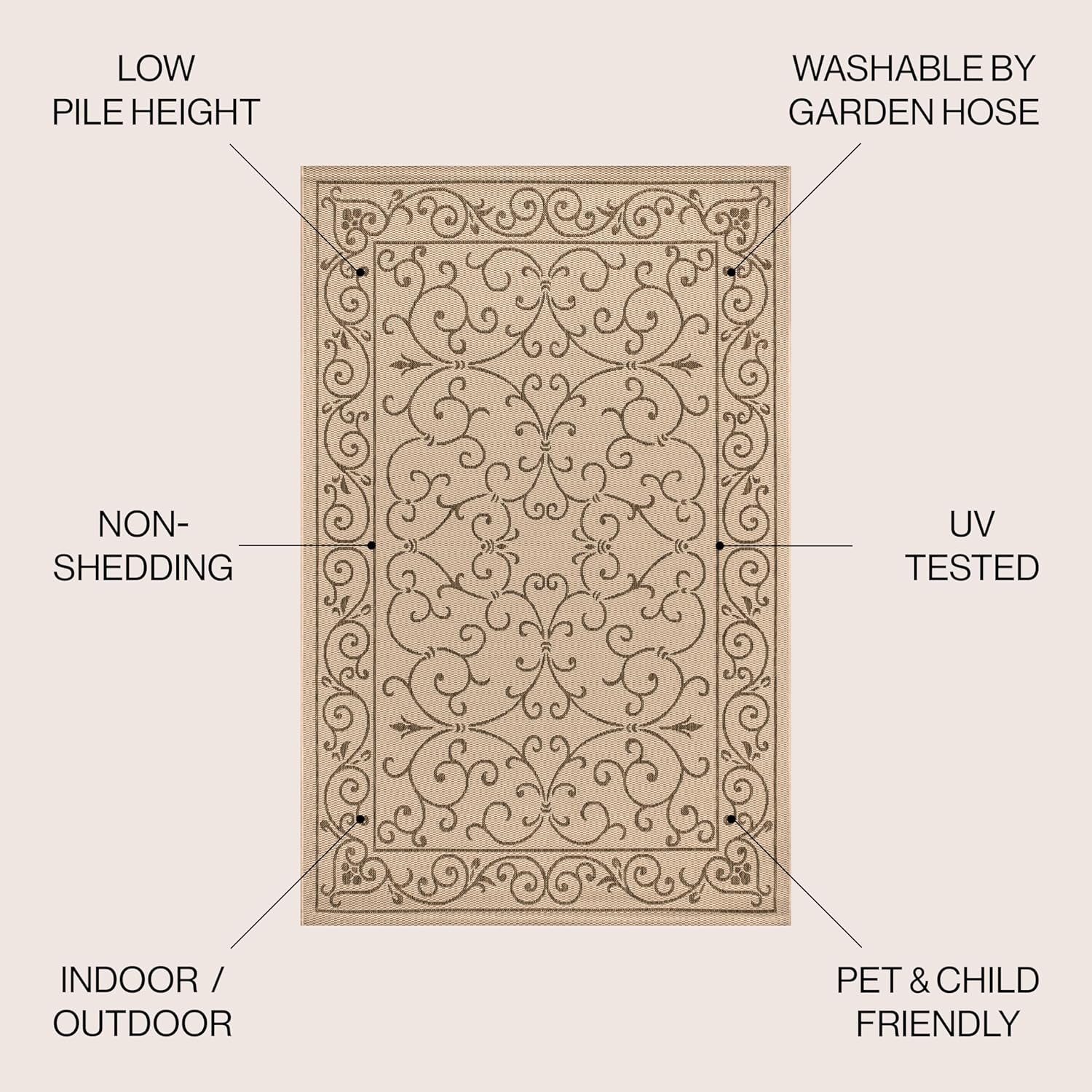 JONATHAN Y SMB106A-8R Charleston Vintage Filigree Textured Weave Beige/Brown 8' Round Indoor/Outdoor Area Rug, Pet Friendly, Non-Shedding, Stain Resistant, Easy-Cleaning for Backyard, Patio, Porch