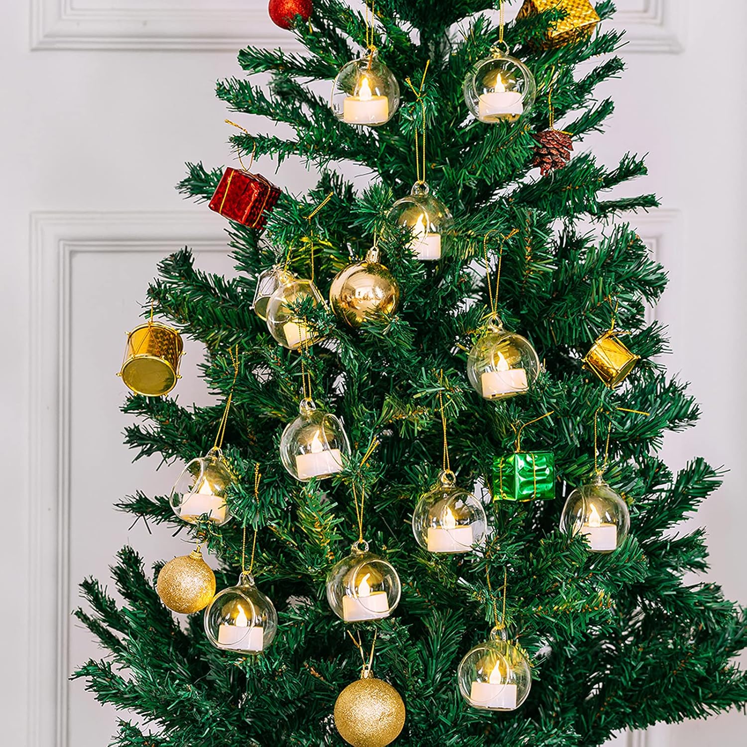 Nuptio 24 Pcs Hanging Glass Tealight Holder Globe 2.36" Diameter, Tea Light Candle Holders Wedding Christmas Halloween Home DIY Gifts, Garden Hanging Ornaments Outdoor Candle Holders