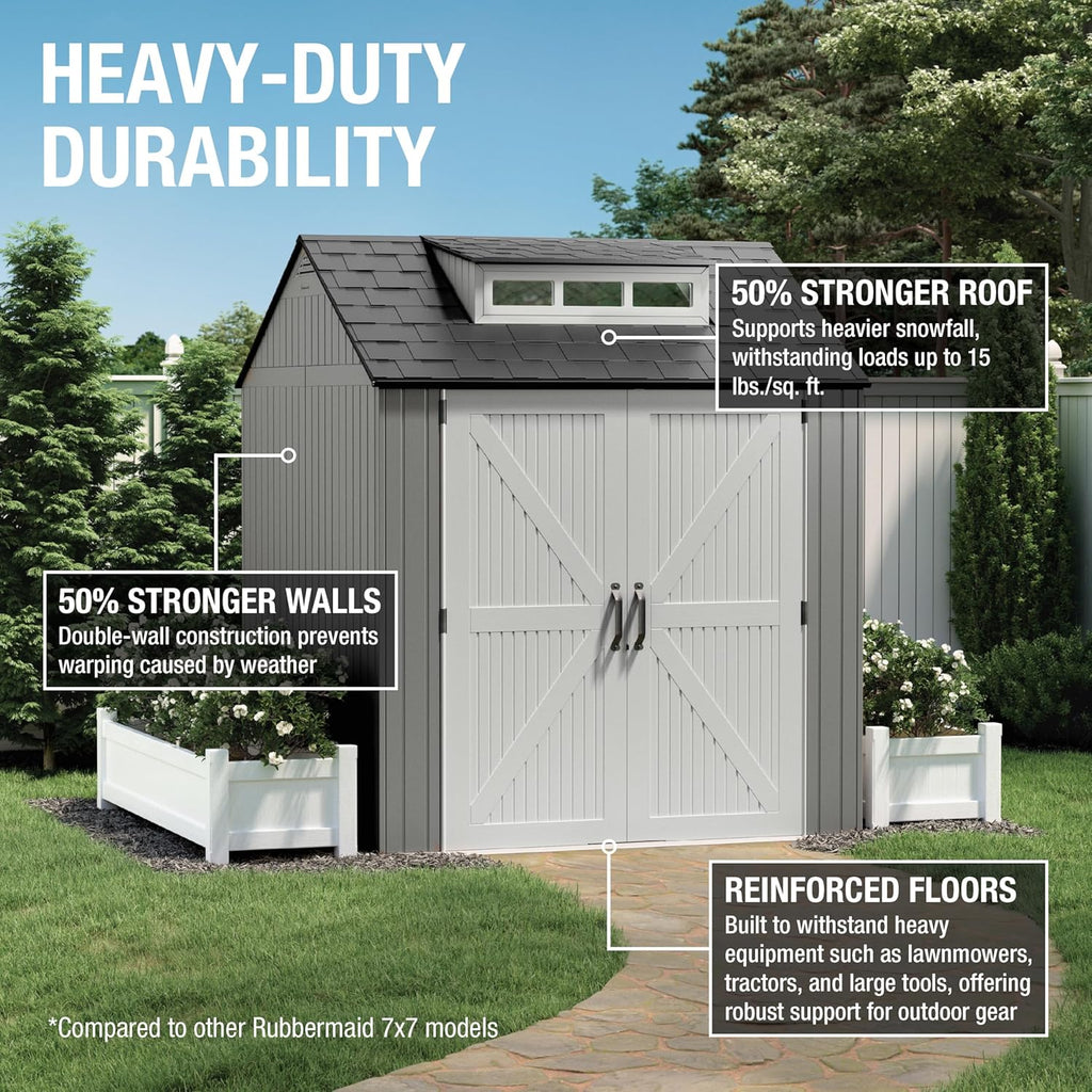 Rubbermaid Resin Outdoor Storage Shed With Floor (7 x 7 Ft) Weather Resistant Gray Organization for Home/Backyard/Garden Tools/Lawn Mower/Bike Storage/Pool Supplies