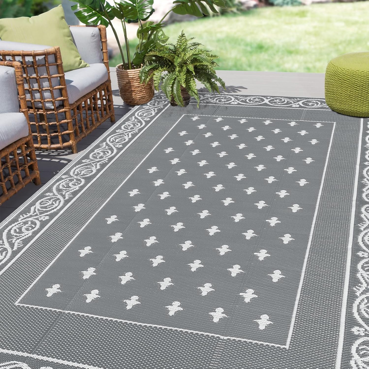Pauwer Waterproof Outdoor Rug 6x9, Reversible Plastic Straw Patio Camping Rug, Indoor Outdoor RV Mat Carpet for Deck, Camper, Porch, Balcony, Backyard, Picnic, Bordered Grey