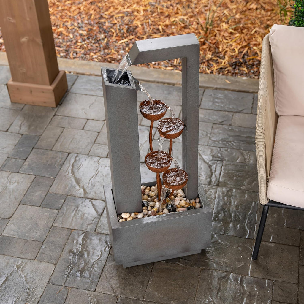 XBrand Freestanding Sculptural Metal Multi-Tiered Flower Water Fountain, No LED Lights, Gray and Bronze, 38" Tall