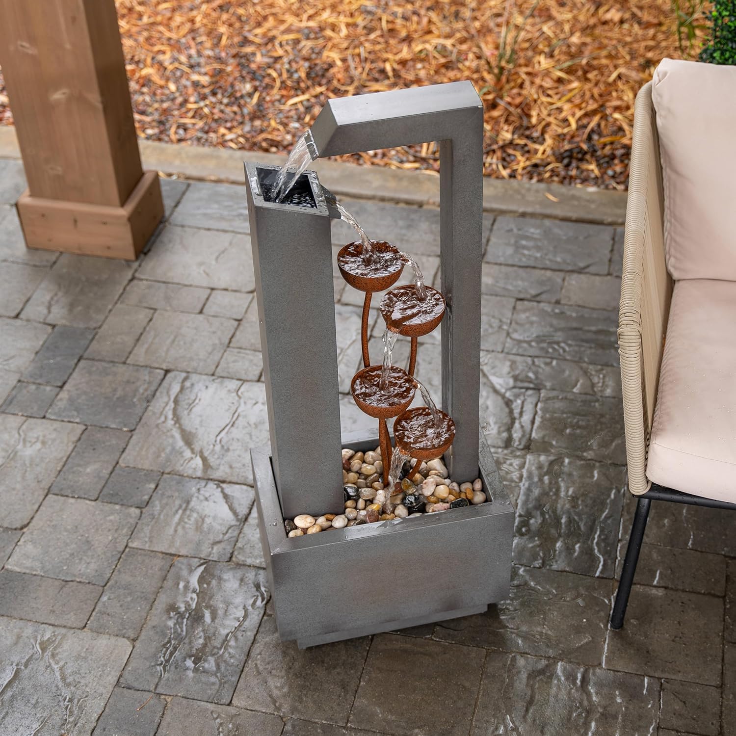 XBrand Freestanding Sculptural Metal Multi-Tiered Flower Water Fountain, No LED Lights, Gray and Bronze, 38" Tall