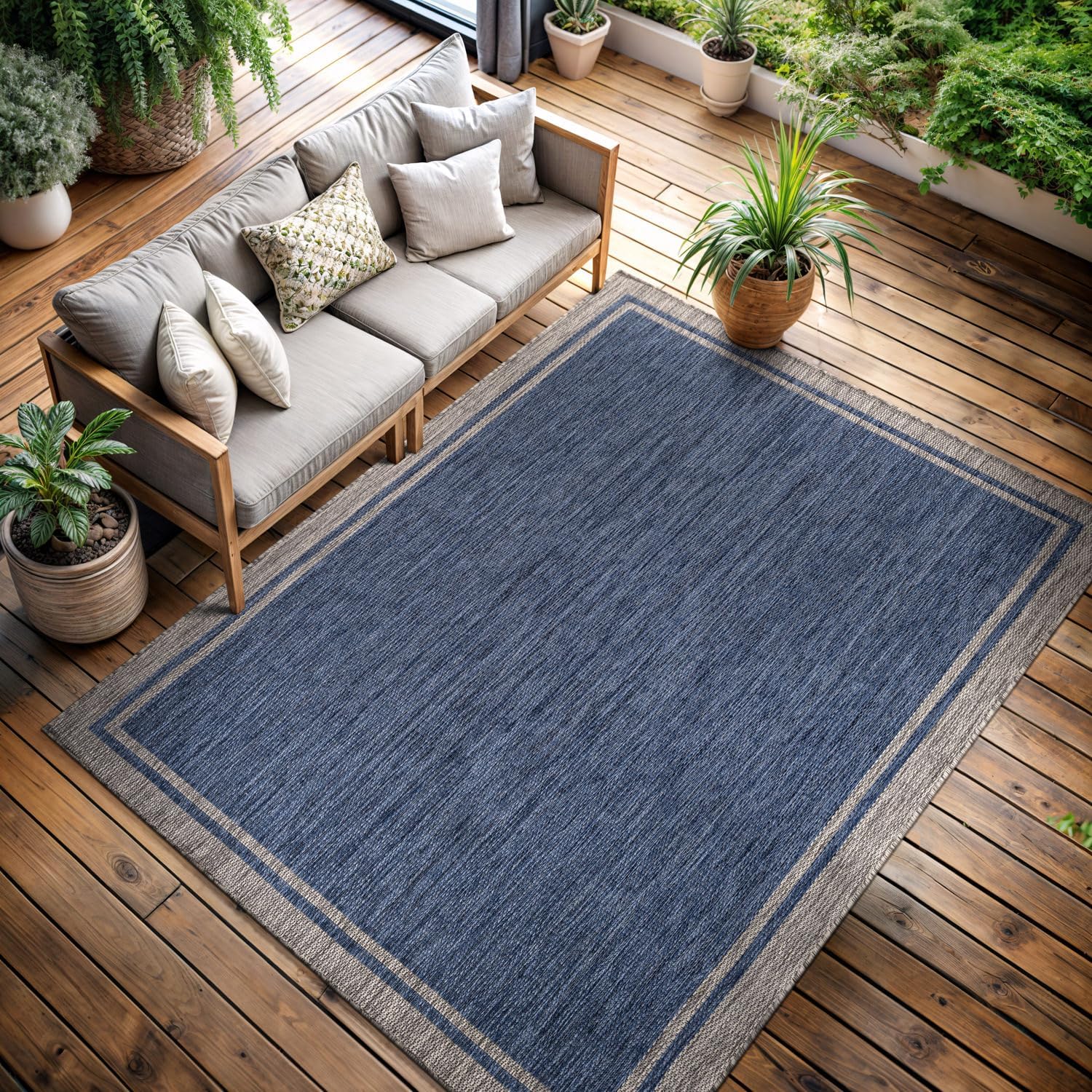 CAMILSON Outdoor Rug, 6x9 Bordered Navy Blue Gray Modern Area Rugs for Indoor and Outdoor Patios, Porches Waterproof Washable Porch Deck Outside Carpet (Bordered Navy, 6 x 9)