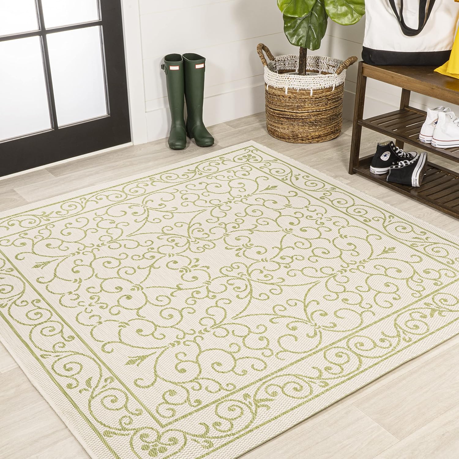 JONATHAN Y SMB106I-5SQ Charleston Vintage Filigree Textured Weave Indoor Outdoor Area Rug, Bohemian Coastal Traditional Easy Cleaning,Bedroom,Kitchen,Backyard,Patio, 5' Square, Cream/Green