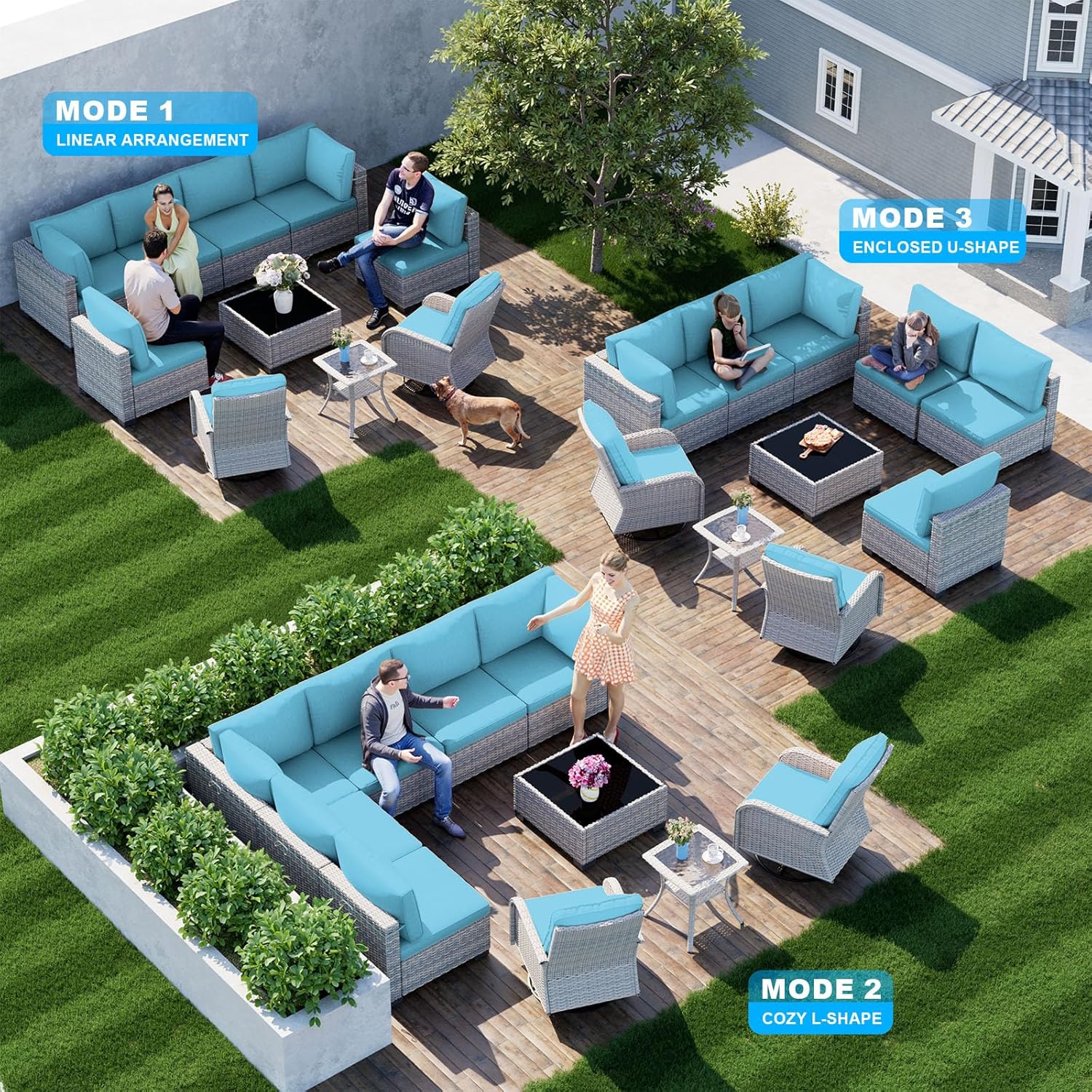 10-Piece Patio Furniture Set, Outdoor Patio Furniture with Swivel Chairs Set, Thick Cushions, Modular Patio Sofa, Dual-Strand Wicker Rattan, Rust-Resistant Frame, Lake Blue