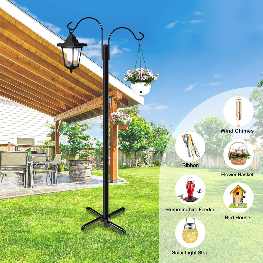 Ottsuls Double Shepherds Hooks for Outdoor, 76 Inch Bird Feeder Pole with 5 Prong Base, Upgrade 1 INCH Thick Heavy Duty Planter Hook for Hanging Baskets, Lantern,1 Pack
