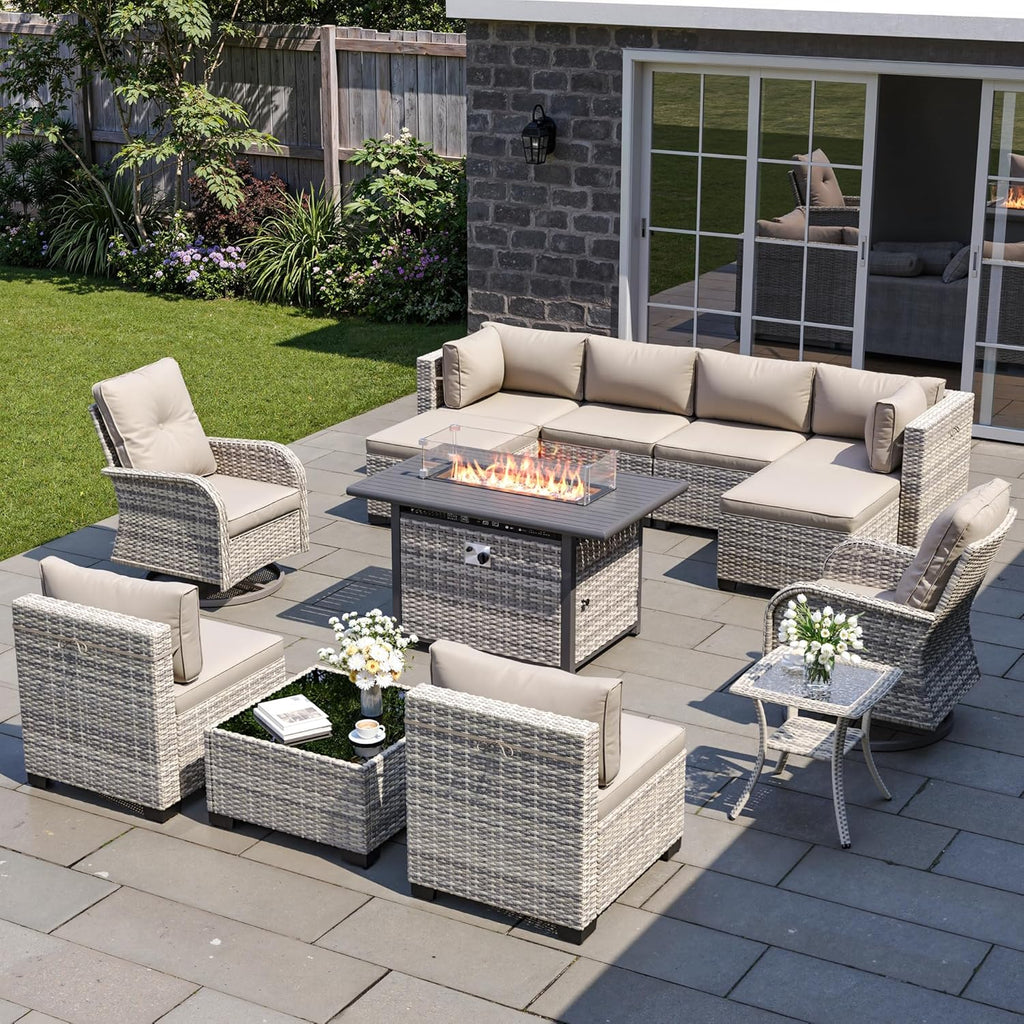 13-Piece Patio Furniture Set, Outdoor Patio Furniture with Swivel Chairs Set, Ottomans, 55,000 BTU Fire Pit Table, Modular Patio Sofa, Dual-Strand Wicker Rattan, Rust-Resistant Frame, Khaki
