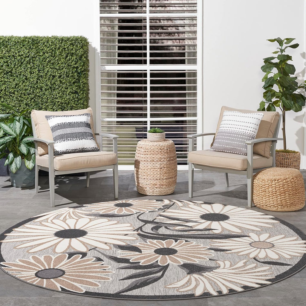 Nourison Home Aloha Indoor/Outdoor Beige 7’10” x Round Area Rug, Easy Cleaning, Non Shedding, Bed Room, Living Room, Dining Room, Backyard, Deck, Patio (8 Round)
