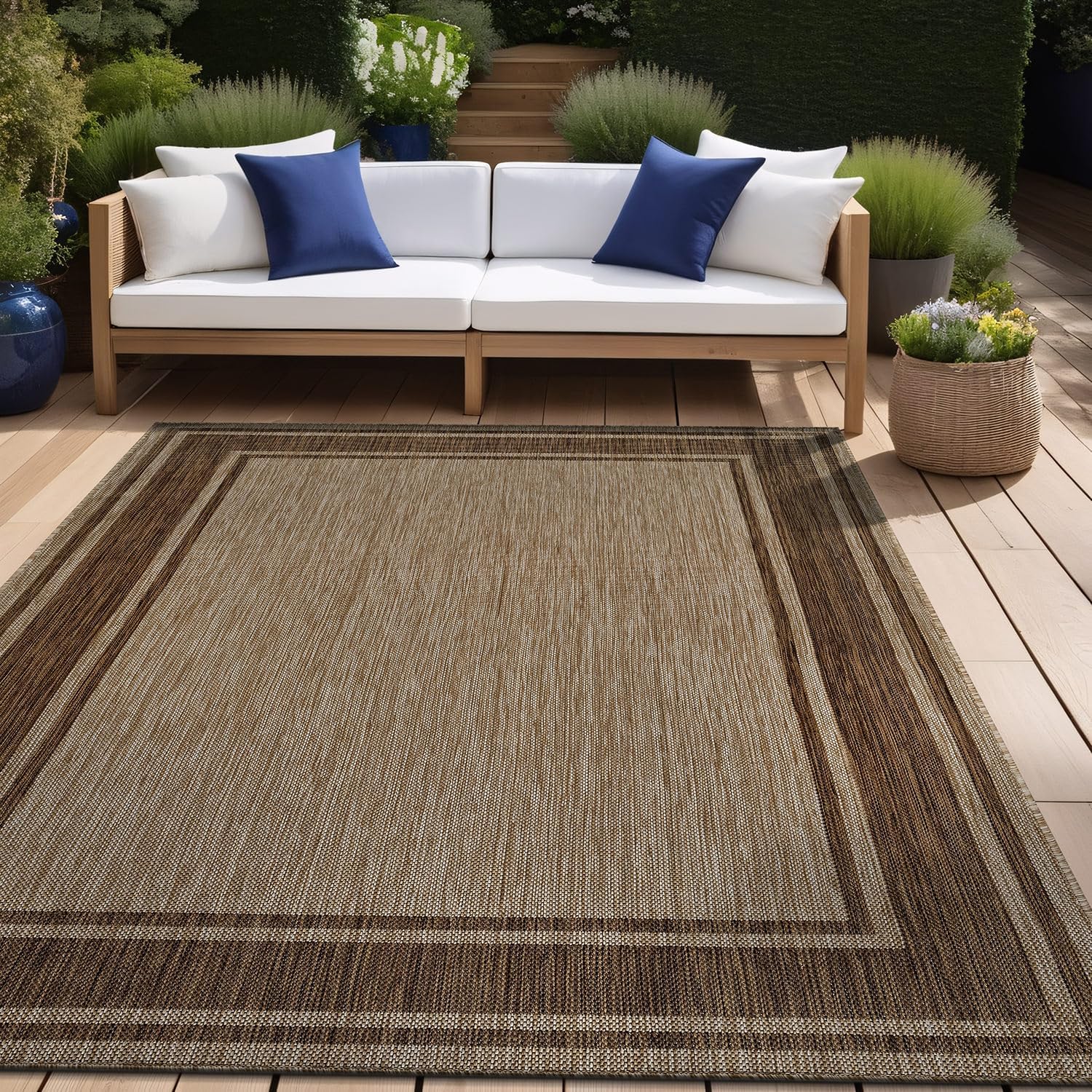 Beverly Rug Outdoor Rug 8x10 Modern Bordered Area Rugs for Indoor and Outdoor Patio Deck Porch Garden Waterproof Weather Sun Resistant Washable Outside Carpet (8 x 10 Jute)