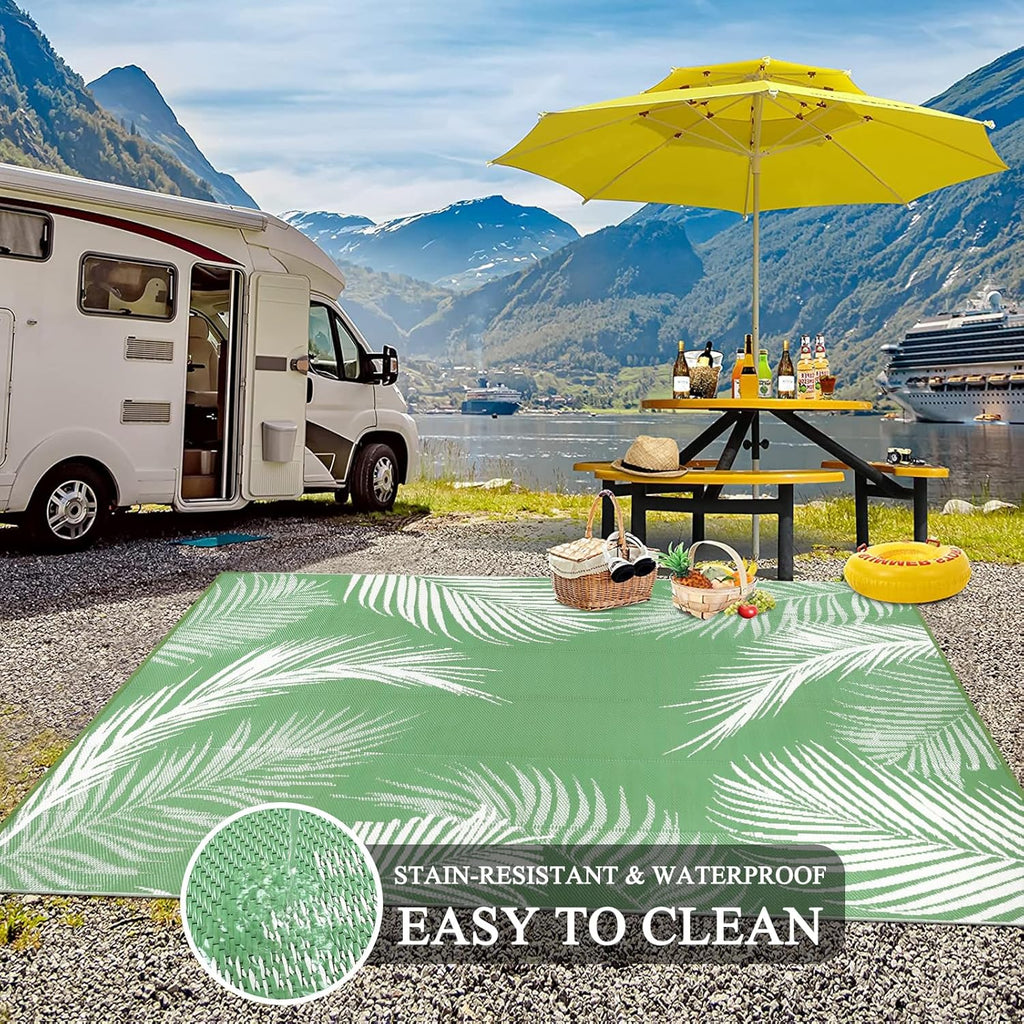 Pauwer Waterproof Outdoor Rug 9x12, Reversible Plastic Straw Patio Camping Rug, Indoor Outdoor RV Mat Carpet for Deck, Camper, Porch, Balcony, Backyard, Picnic, Leaf Green