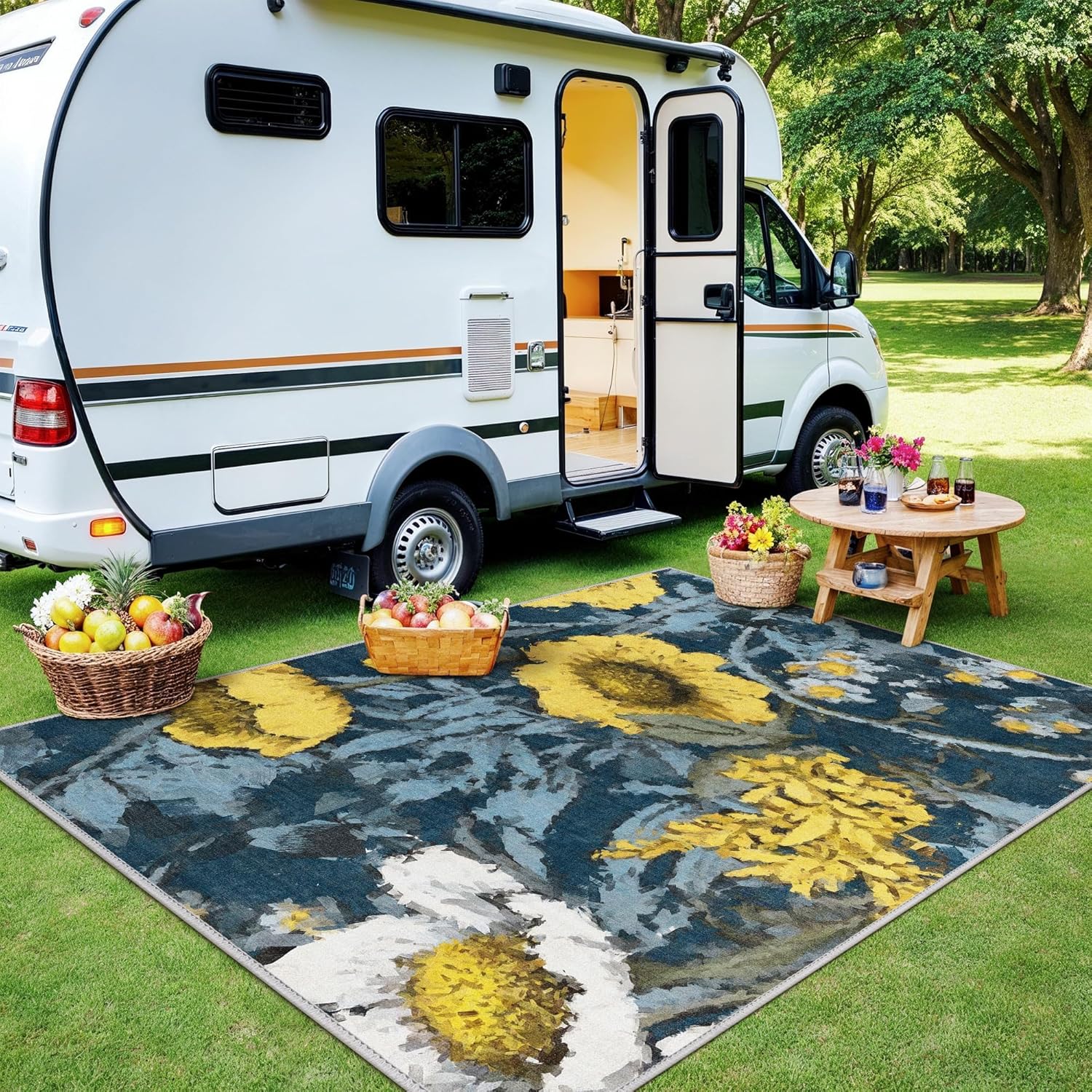 GENIMO Indoor Outdoor Area Rug 6' X 9' Waterproof, Washable Patio Rug Non Shedding, Easy Cleaning Floral Outdoor Carpet for Living Room, Bedroom, Dining Room, Balcony, Backyard, Deck, RV, Blue Yellow