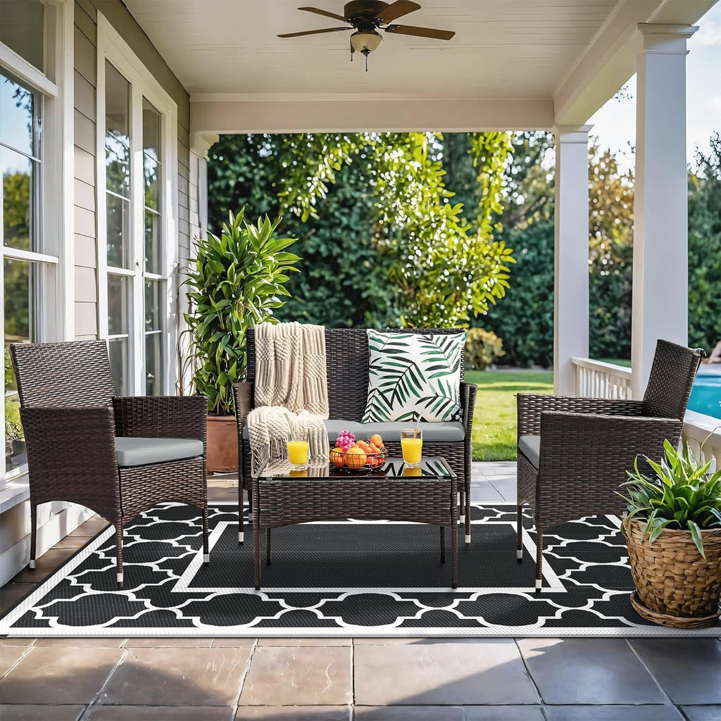 GENIMO 6' x 9' Outdoor Rug Waterproof for Patio Decor, Foldable Reversible Plastic Straw Area Rugs Mat for Camper, Morden Carpet for Outside, Rv, Deck, Porch, Picnic, Beach, Balcony, Black & White