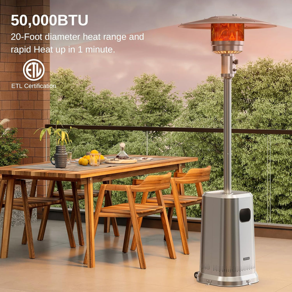 EAST OAK Anti-rust 50,000 BTU Patio Heater for Outdoor Use With Double-Layer Stainless Steel Burner, Table Design and Wheels, Propane Patio Heater for Home and Commercial, Stainless Steel