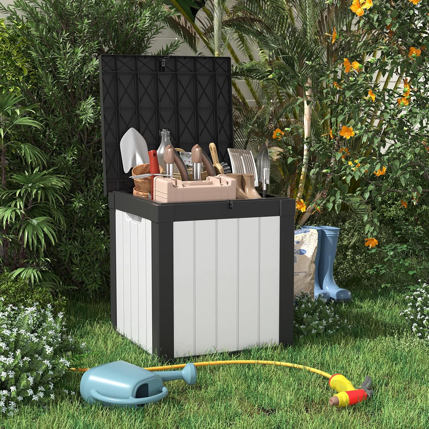 40 Gallon Resin Deck Box, Lockable Patio Outdoor Storage Box for Furniture, Garden Tools and Tools Storage, Waterproof Outside Storage Boxes - Black&White