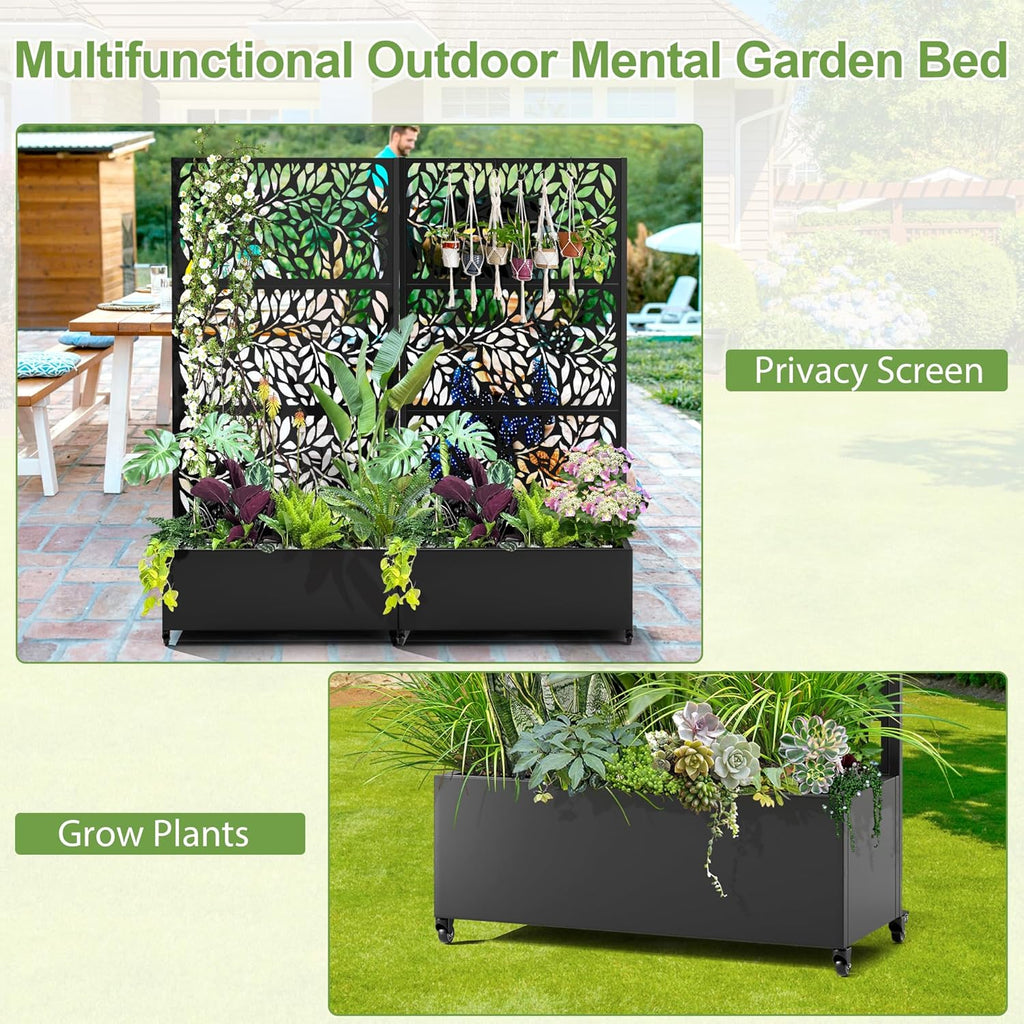 Raised Garden Bed with Trellis and Wheels,73"x35"x16" Metal Raised Garden Bed,Black Flowing Leaf-2 Metal Planter with Climbing Trellis for Vines & Vegetables