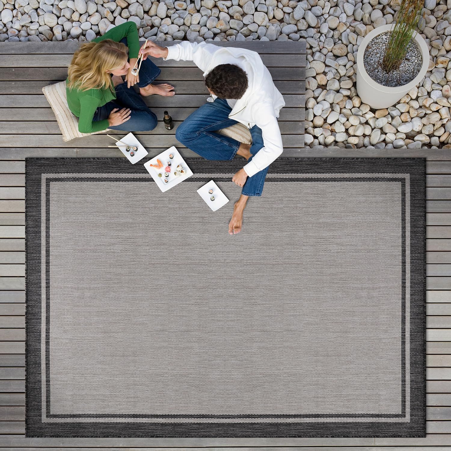 CAMILSON Indoor Outdoor Rug, 8x10 Bordered Gray Modern Area Rugs for Indoor and Outdoor Patios, Kitchen and Hallway Mats, Washable Porch Deck Outside Carpet (Bordered Grey, 8 x 10)
