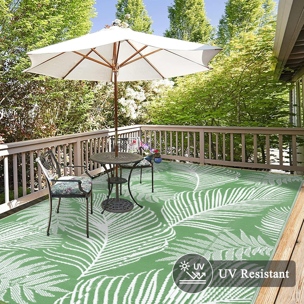 Pauwer Waterproof Outdoor Rug 8x10, Reversible Plastic Straw Patio Camping Rug, Indoor Outdoor RV Mat Carpet for Deck, Camper, Porch, Balcony, Backyard, Picnic, Leaf Green