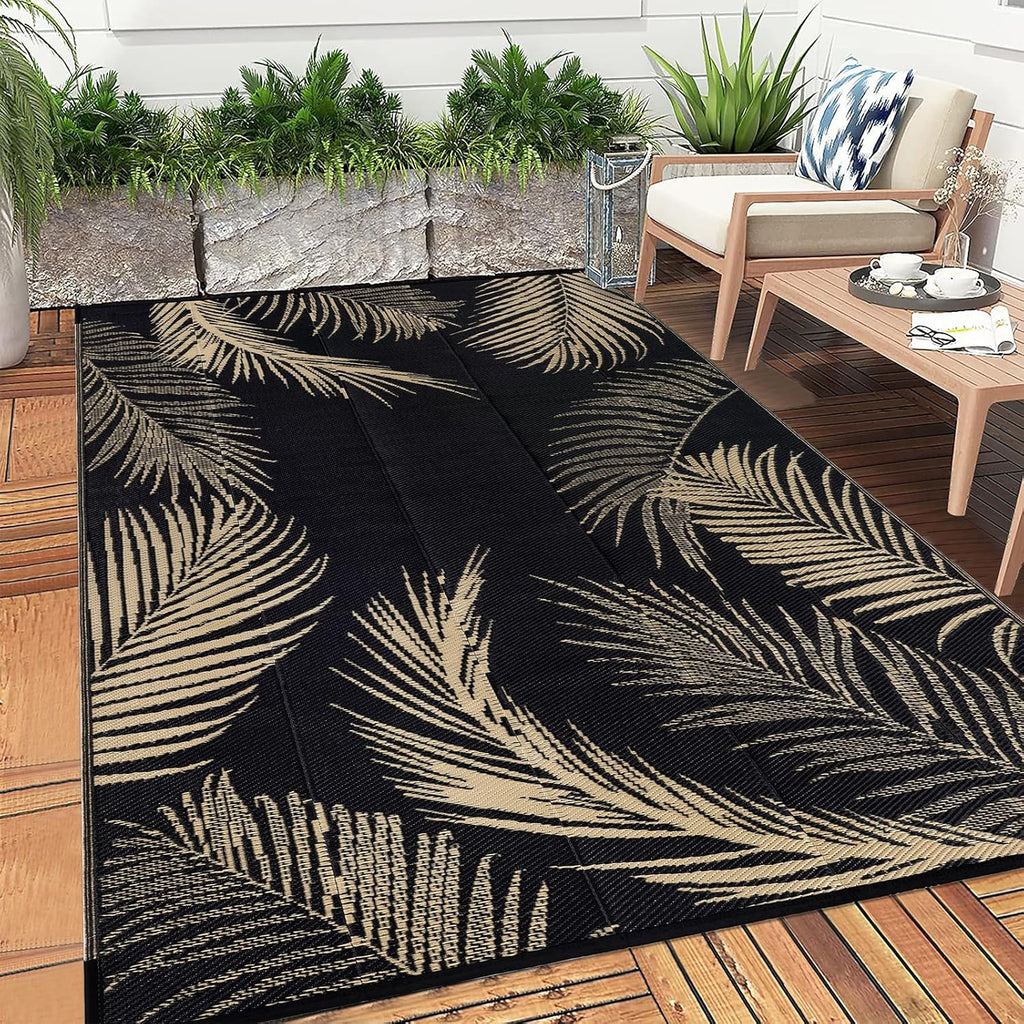 Pauwer Waterproof Outdoor Rug 8x10, Reversible Plastic Straw Patio Camping Rug, Indoor Outdoor RV Mat Carpet for Deck, Camper, Porch, Balcony, Backyard, Picnic, Leaf Black Brown