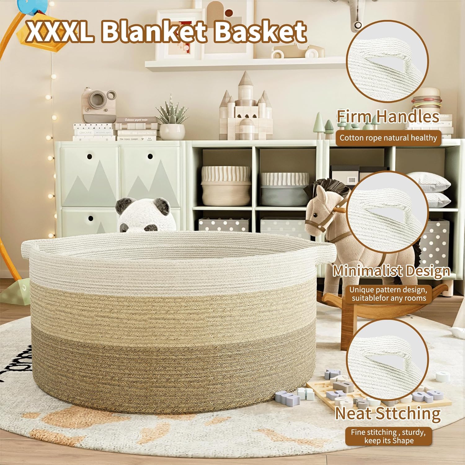 125L Extra Large Blanket Basket, 25" x 16", Jumbo Laundry Woven Basket Decorative Home, Cotton Rope Basket with Handles, Baby Toy Basket for Storage, Gradual Brown, 2PC