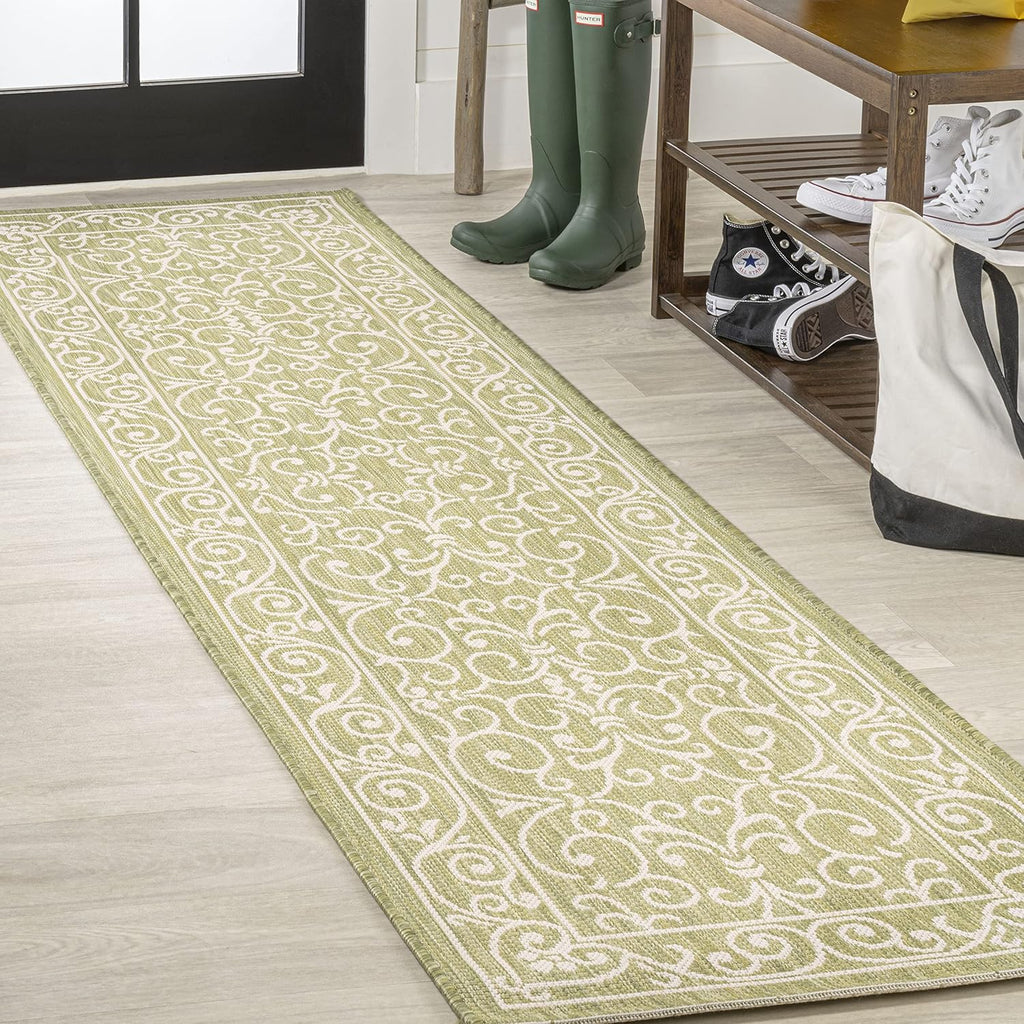 JONATHAN Y SMB106H-210 Charleston Vintage Filigree Textured Weave Indoor Outdoor Runner Rug, Coastal,Traditional,Transitional Easy Clean,Bedroom,Kitchen,Backyard,Patio, Non-Shed, Green/Cream, 2 X 10