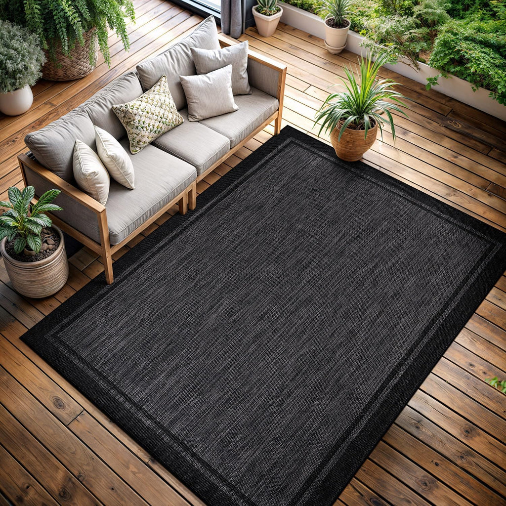CAMILSON Indoor Outdoor Rug, 6x9 Bordered Dark Grey Black Modern Area Rugs for Indoor and Outdoor Patios, Kitchen and Hallway Mats, Washable Porch Deck Outside Carpet (Bordered Black, 6 x 9)
