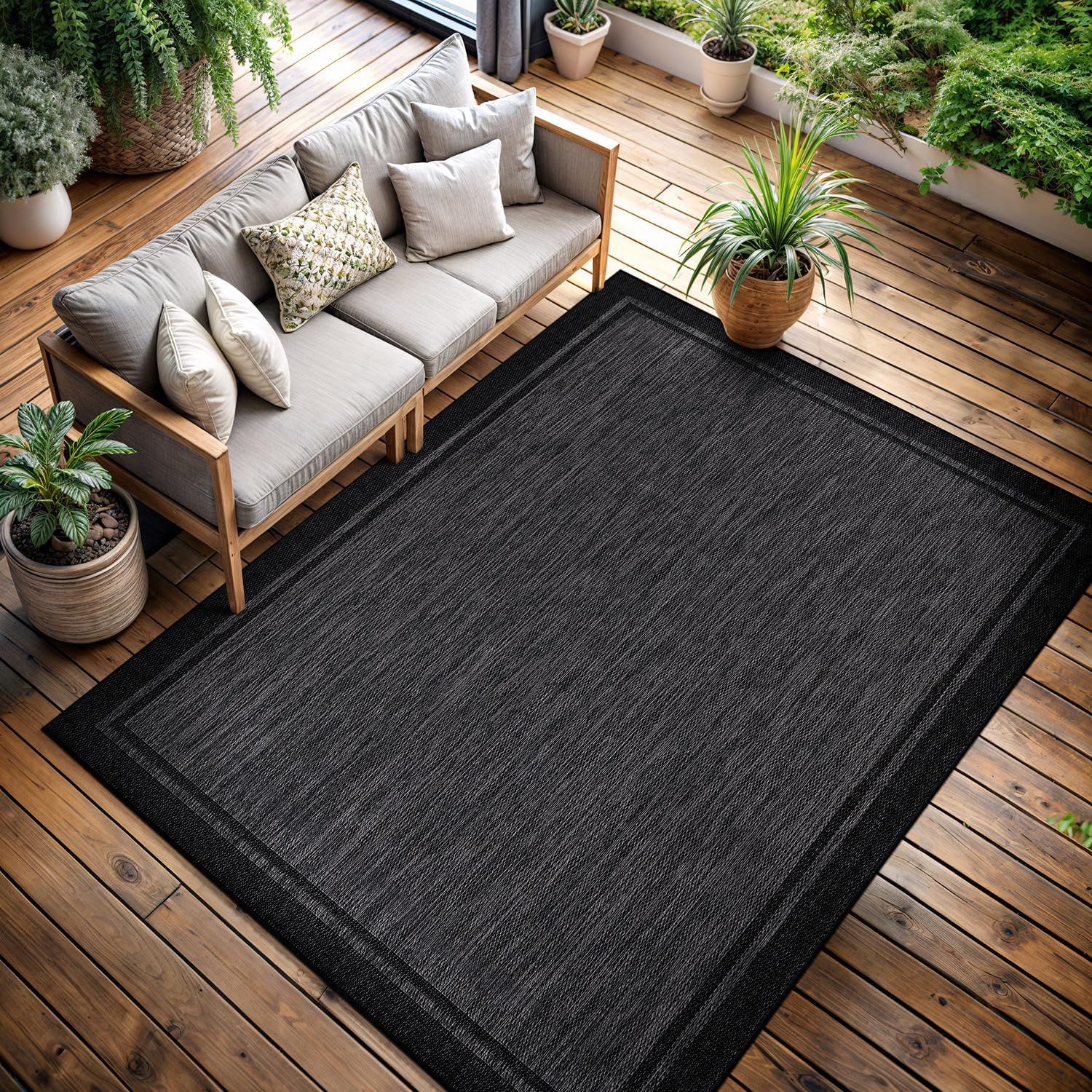CAMILSON Indoor Outdoor Rug, 6x9 Bordered Dark Grey Black Modern Area Rugs for Indoor and Outdoor Patios, Kitchen and Hallway Mats, Washable Porch Deck Outside Carpet (Bordered Black, 6 x 9)