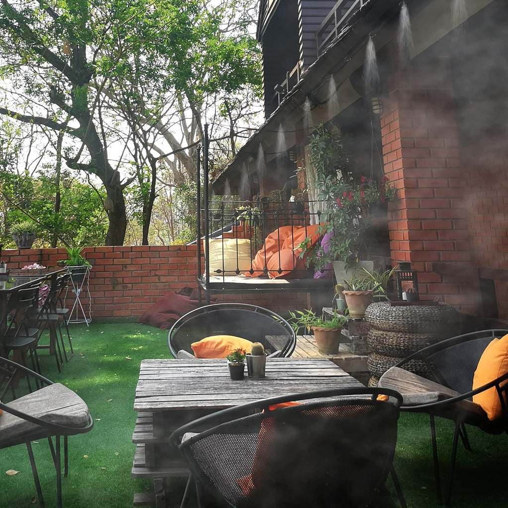 Mornajina Outdoor Misting Cooling System with Pump Kit, 49.2FT(15M) Misting Line with Filter, 20 Brass Mist Nozzles, 1 Brass Adapter (3/4"), 12V DC 60W 5L/Min, Self Priming Sprayer Water Pump