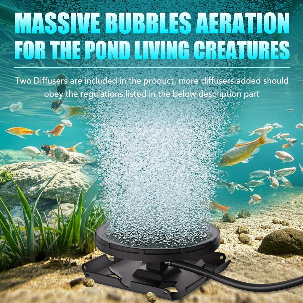 HQUA PAS20 Pond & Lake Aeration System for Up to 3 Acre, 3/4 HP Compressor + Two 100' Weighted Tubing + 2 Diffusers