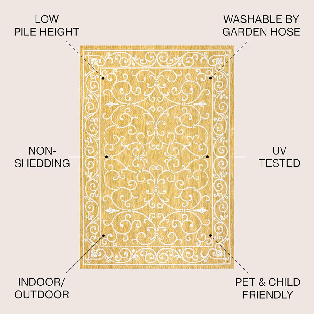 JONATHAN Y SMB106L-9 Charleston Vintage Filigree Textured Weave Indoor Outdoor Area Rug, Classic Traditional Easy-Cleaning,Bedroom,Kitchen,Backyard,Patio,Non Shedding, 9 X 12, Yellow/Cream