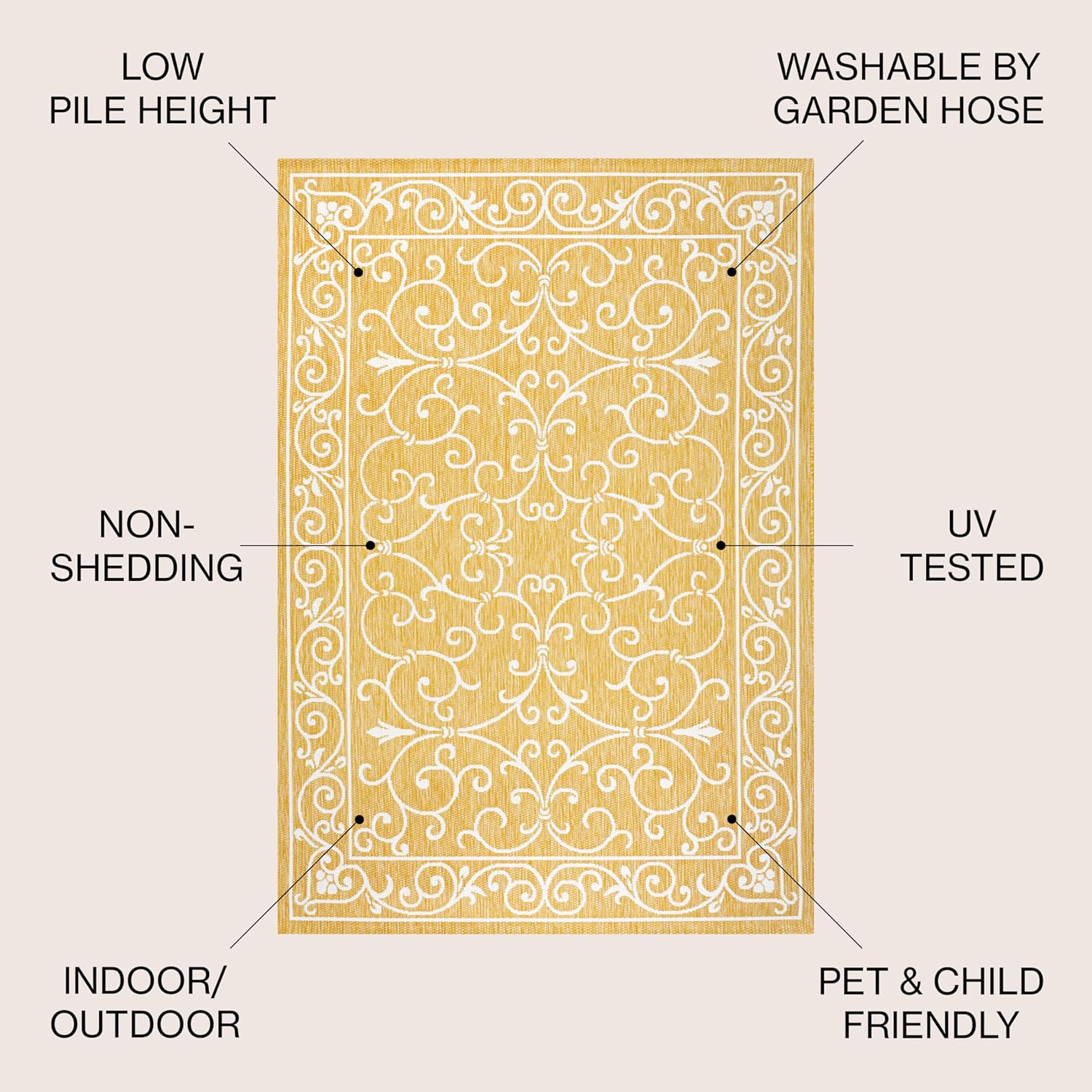 JONATHAN Y SMB106L-8 Charleston Vintage Filigree Textured Weave Indoor Outdoor Area Rug, Classic Traditional Easy-Cleaning,Bedroom,Kitchen,Backyard,Patio,Non Shedding, 8 X 10, Yellow/Cream