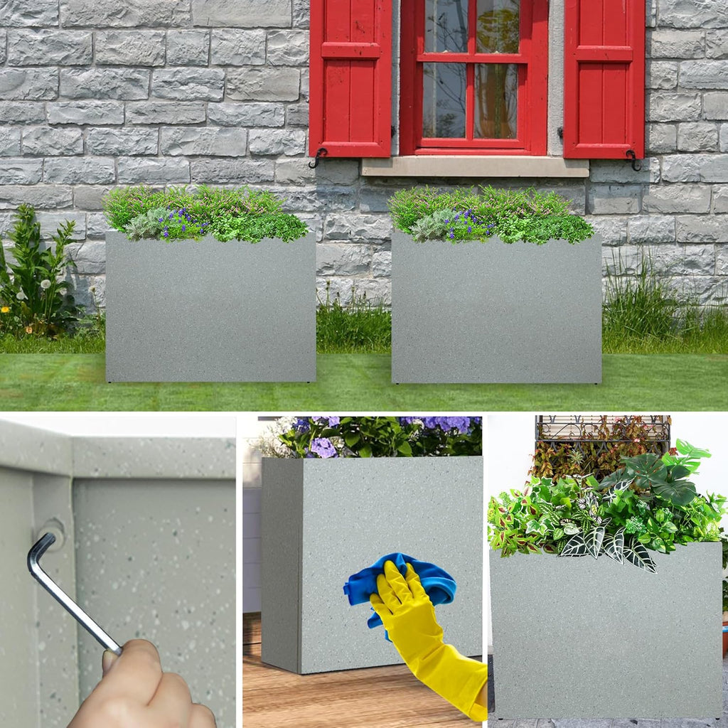 Metal Planter Box Rectangular Planter, 35.5" Lx 10" Wx 28" H Terrazzo White Large Planters with Drainage Holes, Galvanized Steel Tall Planters for Patio/Porch