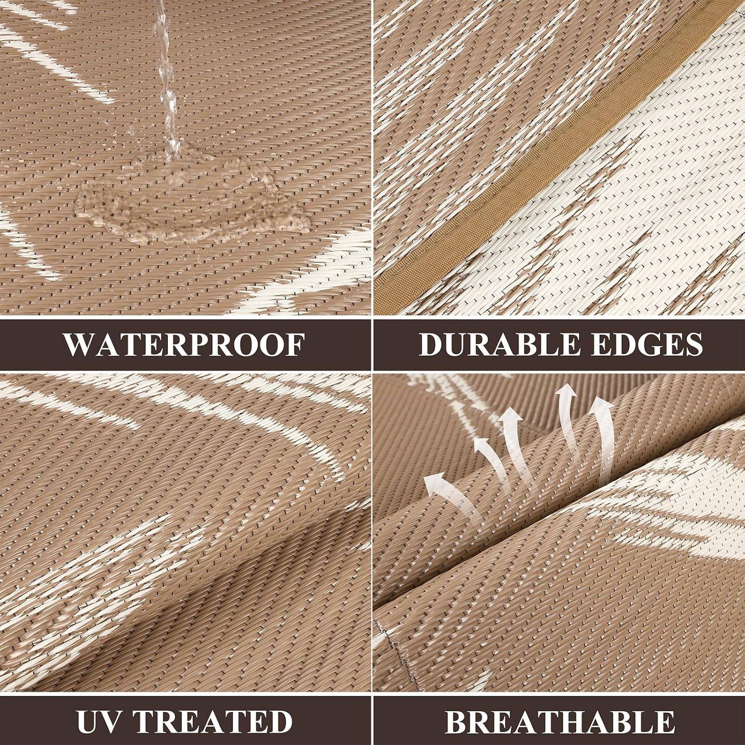 Pauwer Waterproof Outdoor Rug 6x9, Reversible Plastic Straw Patio Camping Rug, Indoor Outdoor RV Mat Carpet for Deck, Camper, Porch, Balcony, Backyard, Picnic, Leaf Brown