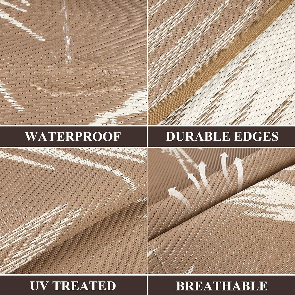 Pauwer Waterproof Outdoor Rug 5x8, Reversible Plastic Straw Patio Camping Rug, Indoor Outdoor RV Mat Carpet for Deck, Camper, Porch, Balcony, Backyard, Picnic, Leaf Brown