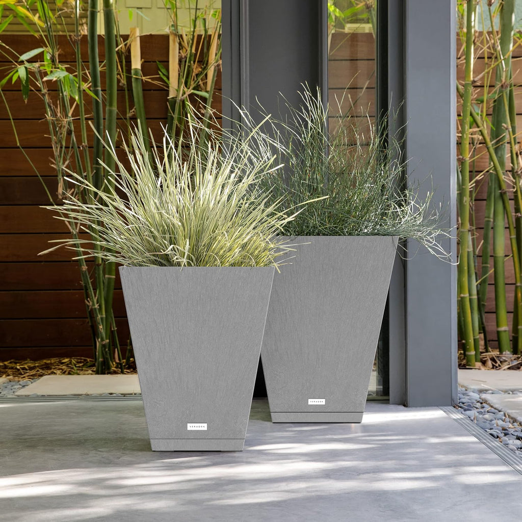Veradek Nobleton Indoor/Outdoor Wide Square Planter (Light Grey, 18 inch - 2 Pack with 2 Saucer Trays)