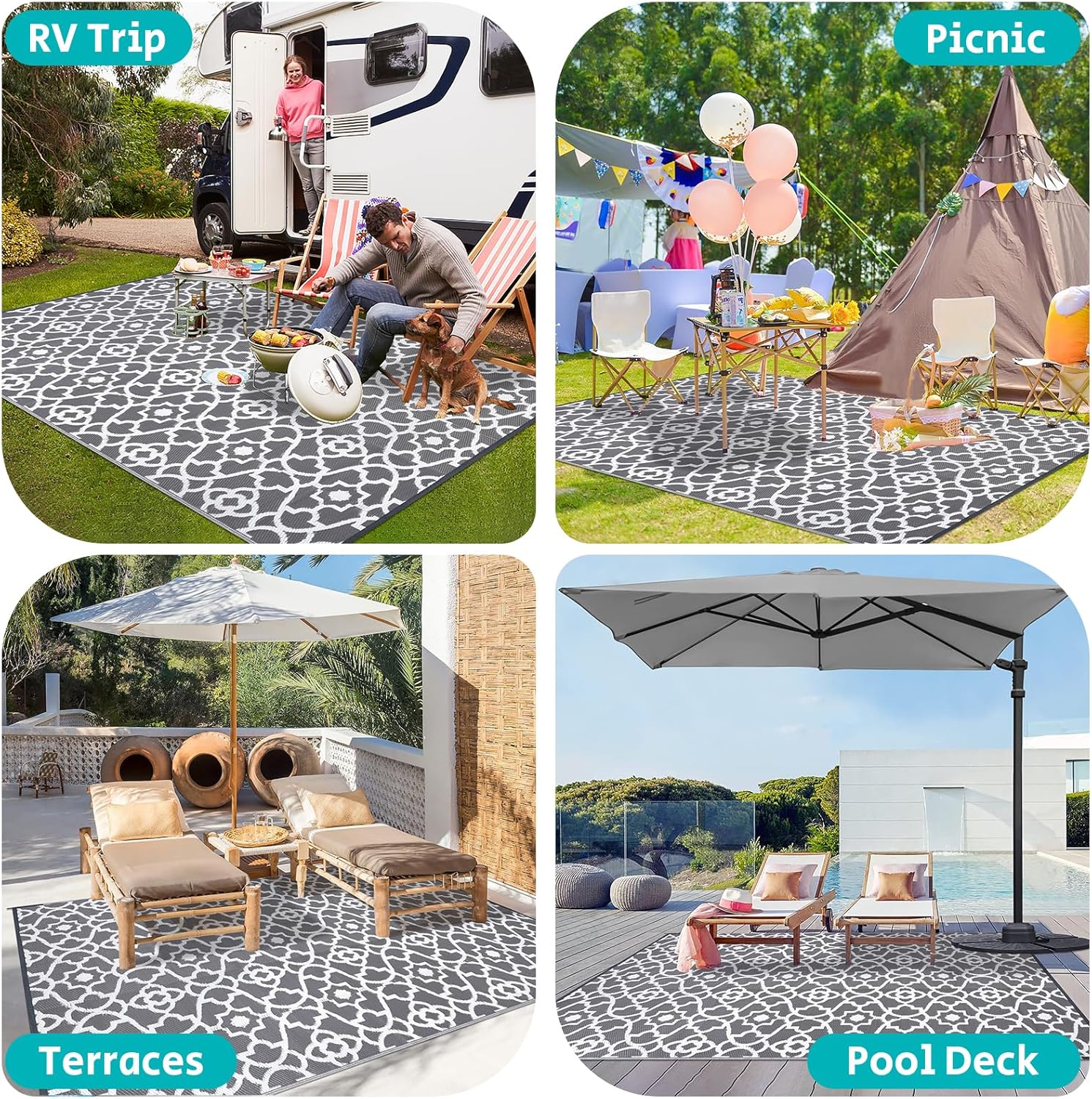 HEBE Outdoor Rug Waterproof 8x10, Plastic Straw Rug Camping Rug, Reversible Outdoor Patio Rugs RV Mat Clearance, Indoor Outside Floor Carpet for Porch,Deck,Camper,Balcony,Backyard