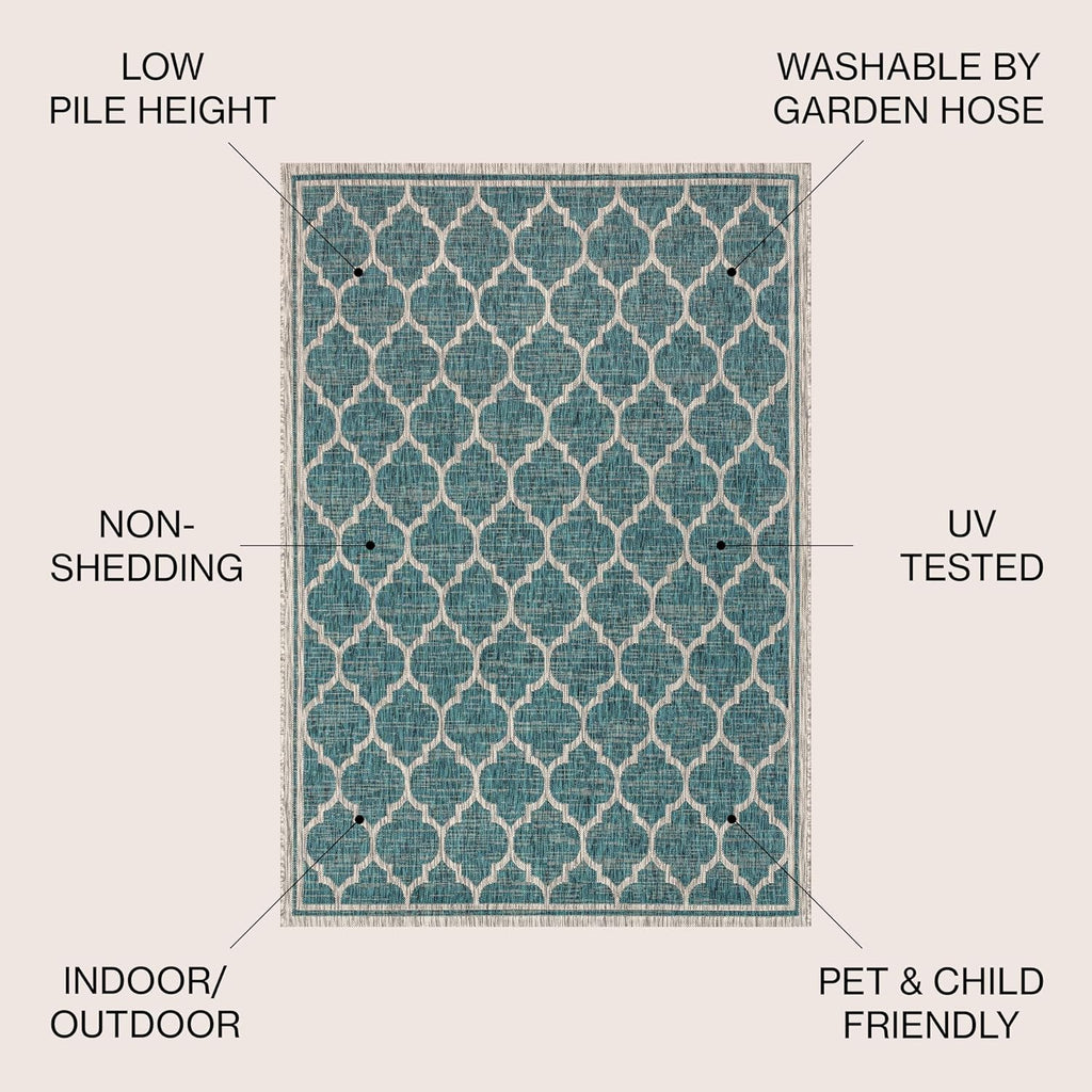 Eyely BMS109E-6 Santa Monica Trebol Moroccan Trellis Textured Weave, Pet Friendly, Non-Shedding, Stain Resistant, Easy-Cleaning, Teal/Gray, 6 ft. x 9 ft., Indoor/Outdoor, Area Rug