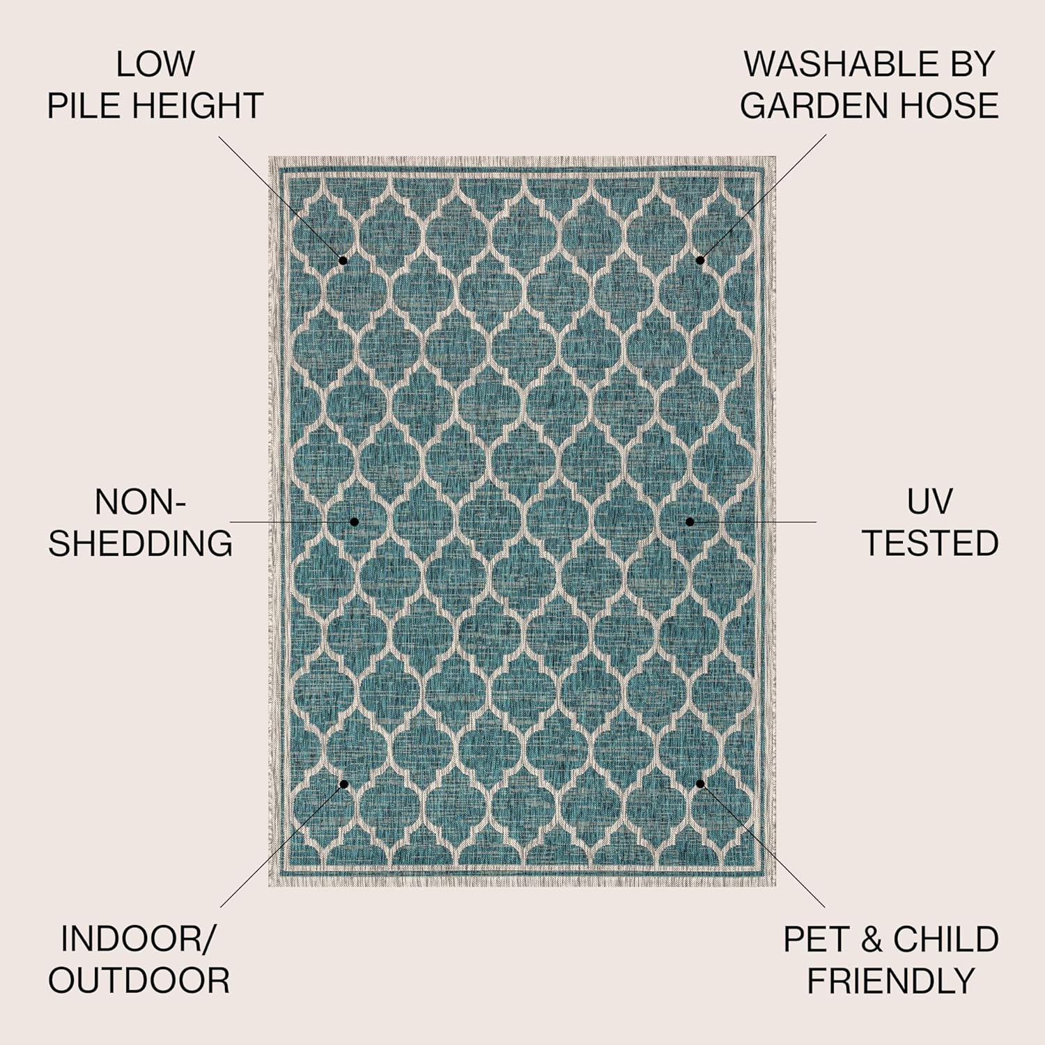 Eyely BMS109E-6 Santa Monica Trebol Moroccan Trellis Textured Weave, Pet Friendly, Non-Shedding, Stain Resistant, Easy-Cleaning, Teal/Gray, 6 ft. x 9 ft., Indoor/Outdoor, Area Rug