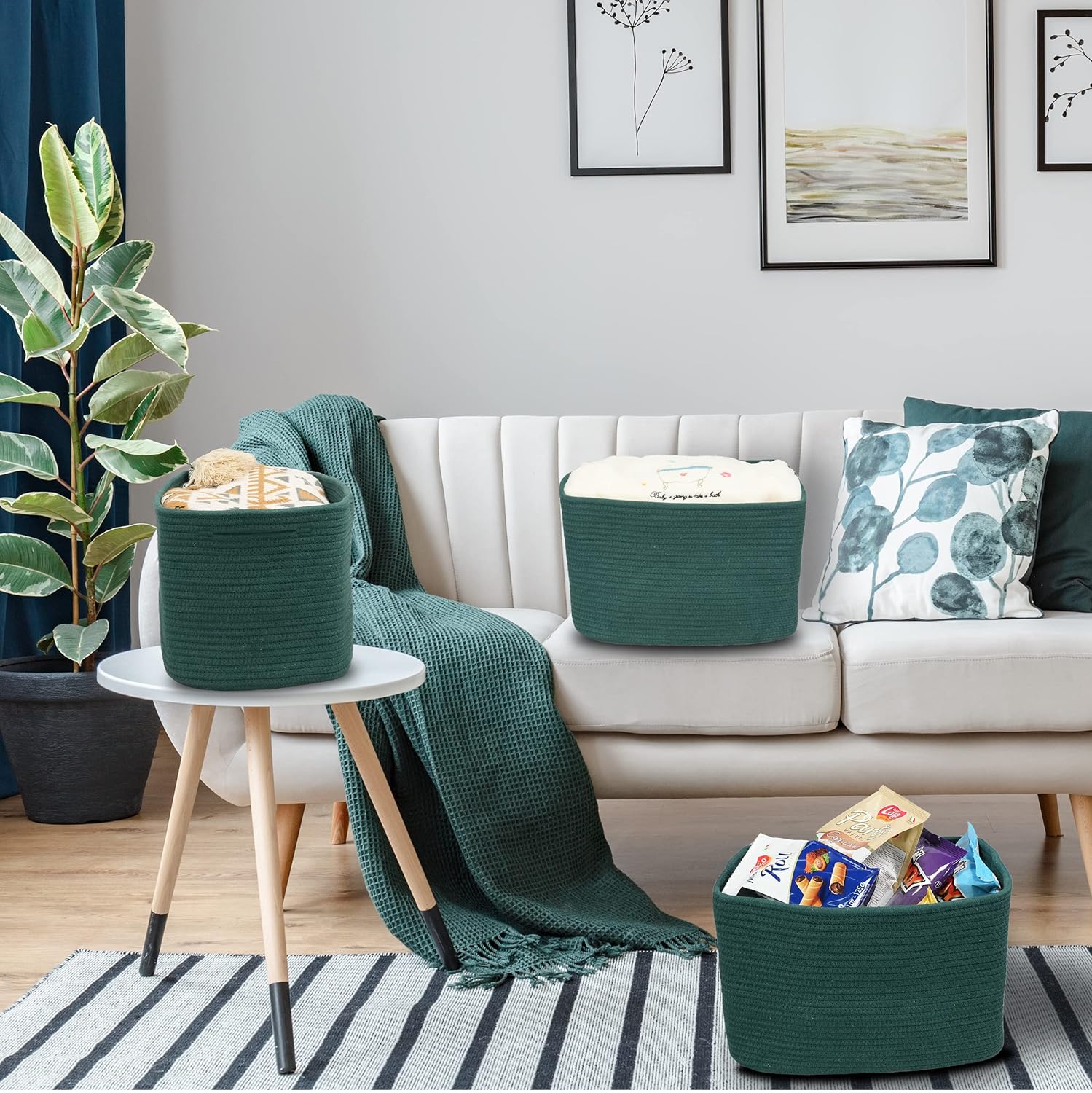 Cotton Rope storage Basket Bins14.5X9.5X9.3“ Basket for Organizing Shelves Rectangle Decorative Baskets For storage Clothes Toys Books Towels Square Wicker Nursery basket organizer 3 pack Dark green