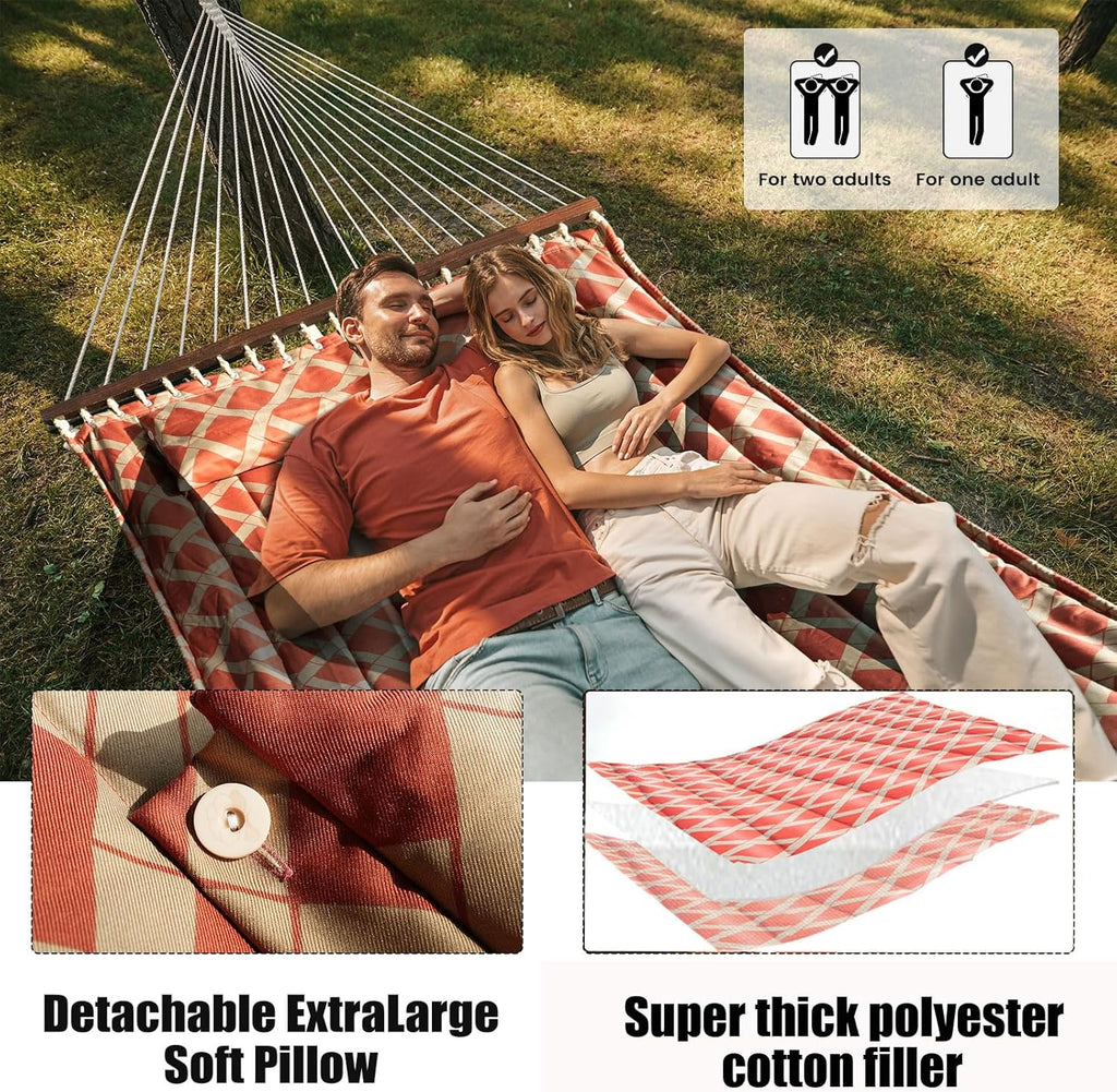 13FT Double Hammock With Spreader Bars - 600 lbs Capacity, Detachable Pillow, Heavy Duty Hanging Tree Design for Outside, Patio, Garden, Backyard, Beach, and Poolside