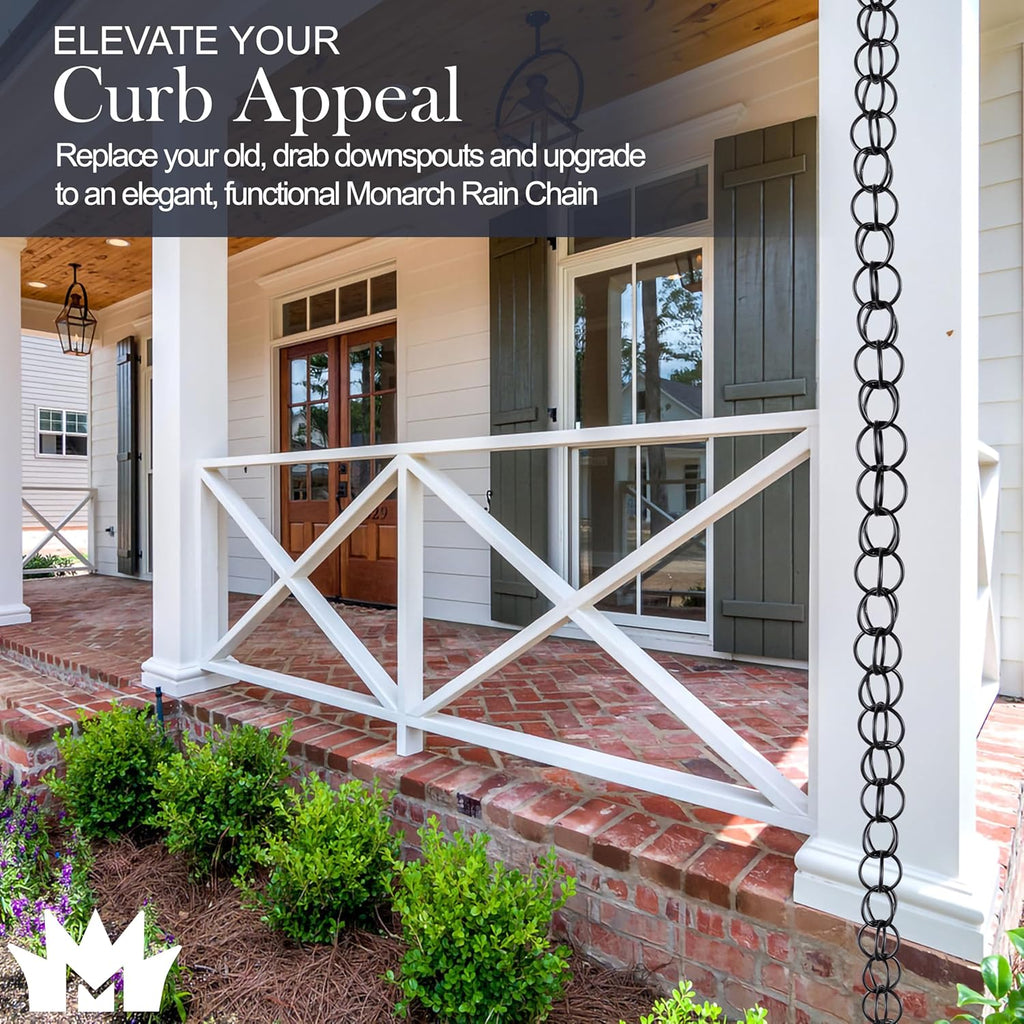 Monarch Rain Chains Aluminum Ring Rain Chain, 8.5 ft Black Powder Coated Aluminum Decorative Rain Catcher Chain for Gutters, Black Aluminum Rain Gutter Replacement Downspout