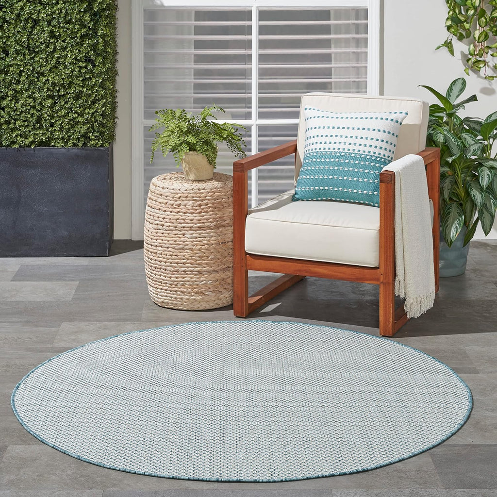 Nourison Home Courtyard Indoor/Outdoor Ivory/Aqua 4' x Round Area Rug, Easy Cleaning, Non Shedding, Bed Room, Living Room, Dining Room, Backyard, Deck, Patio (4 Round)