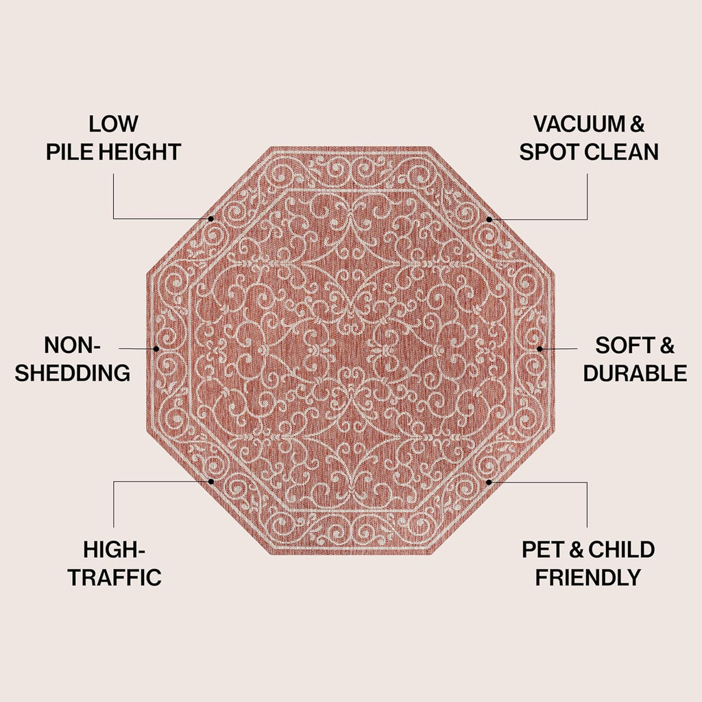 JONATHAN Y SMB106B-8TGN Charleston Vintage Filigree Textured Weave Red/Beige 8' Octagon Indoor/Outdoor Area Rug, Non-Shedding, Stain Resistant,Fade Resistant, Easy-Cleaning for Backyard Patio, Porch