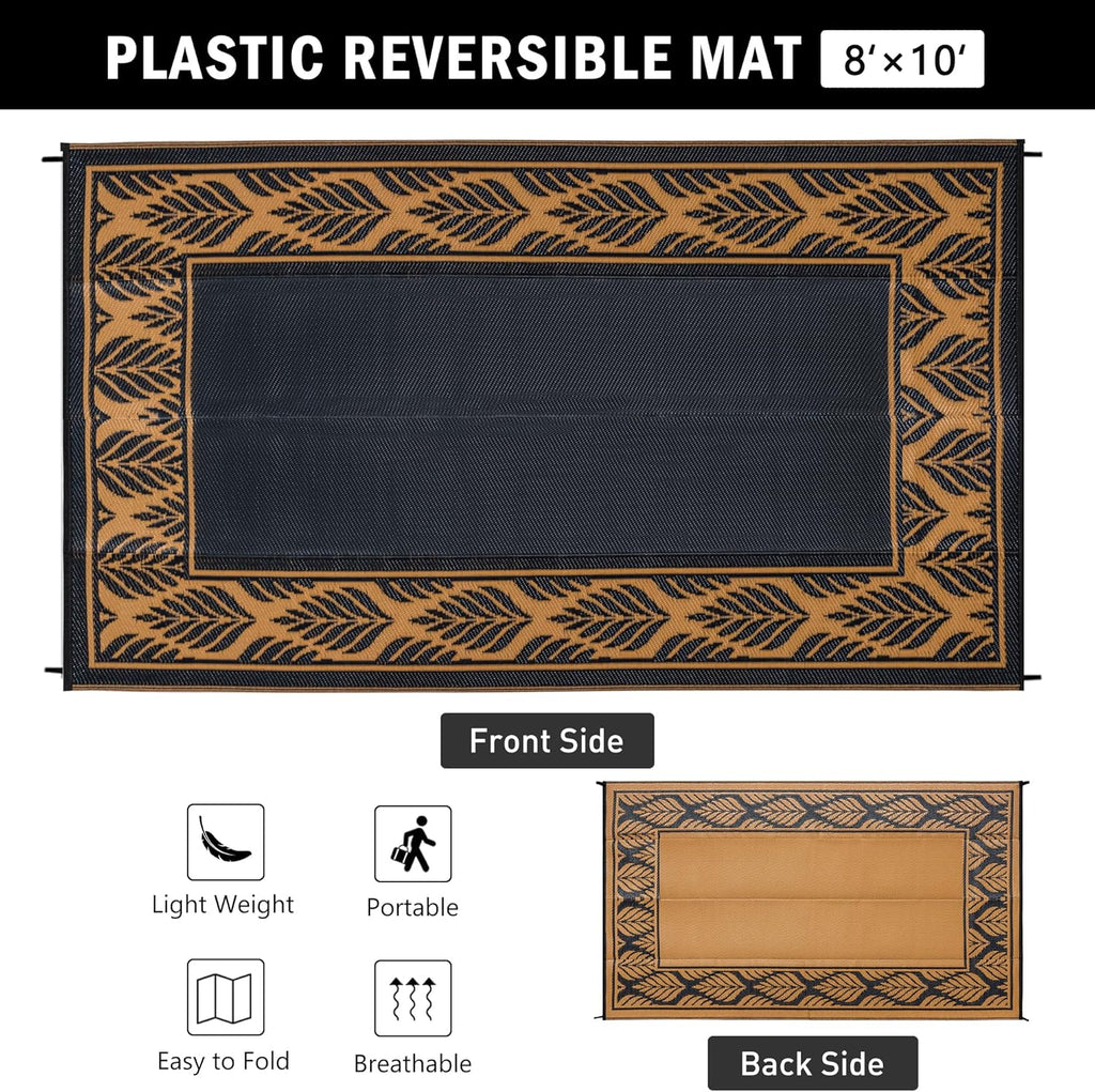 8x10 Patio Waterproof Outdoor Rug Outrside Camping Carpet RV Area Rug Reversible Brown Rugs for Deck Entryance Porch Picnic Balcony Beach